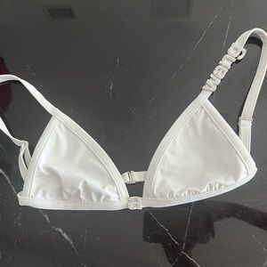 White triangle bikini top with diamante crystal logo charms on straps